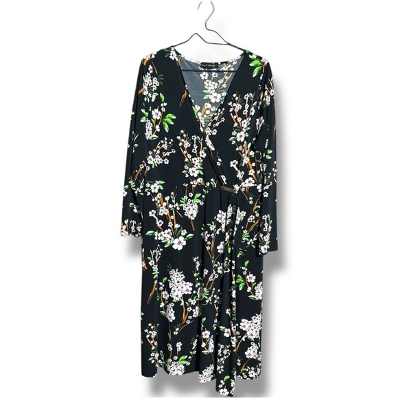 yock black label Dresses & Skirts - Yock Black Label Floral Black Faux Wrap Front Long Sleeve V-Neck Midi Dress